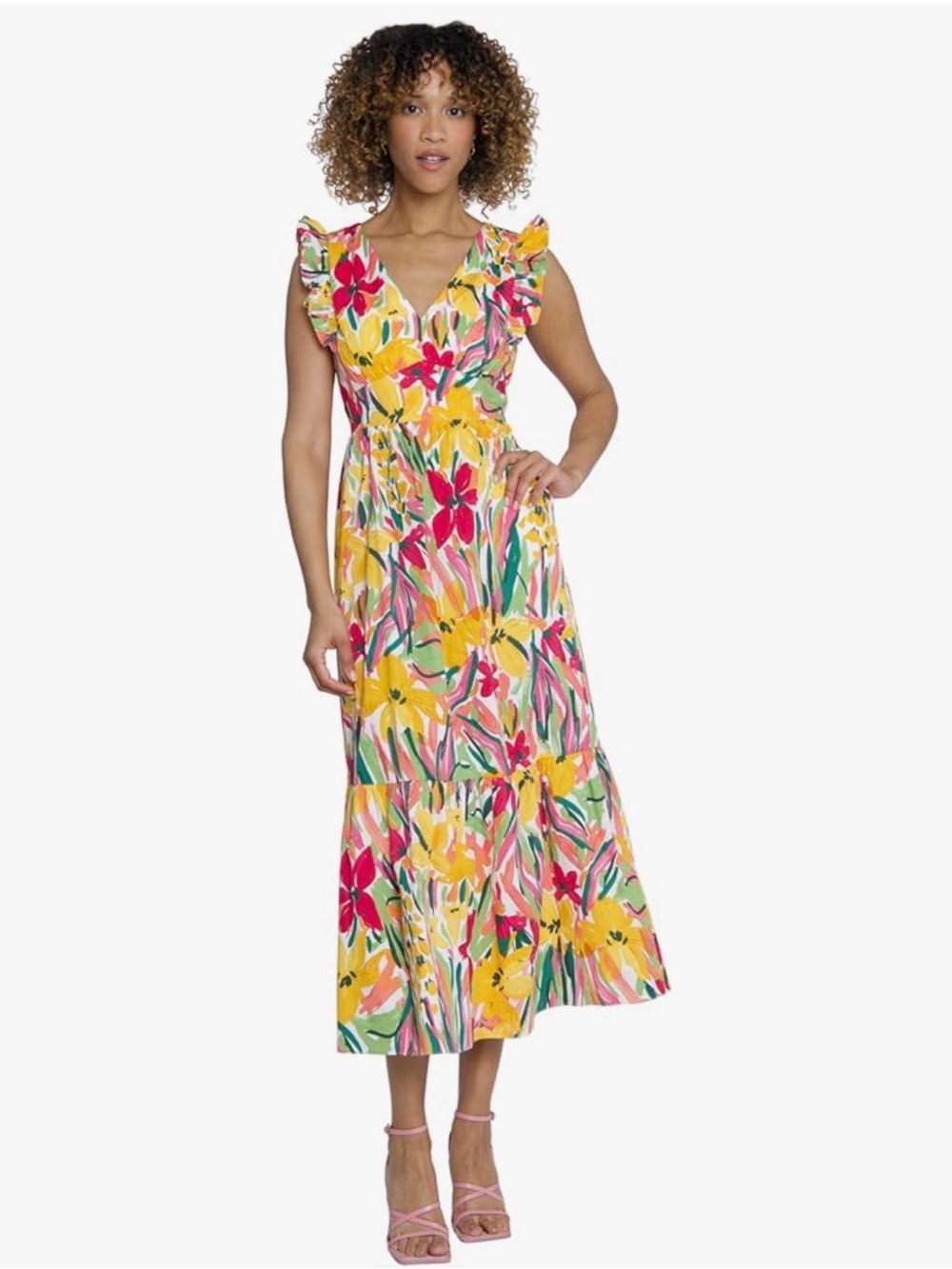 Maggy London Yellow Floral Maxi Dress with Pink & Green Accents